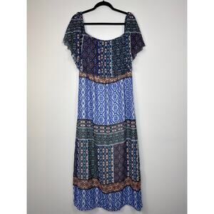 Chico’s Boho Maxi Dress 2/Large Petite Ikat Patchwork Ruffle Overlay Peasant